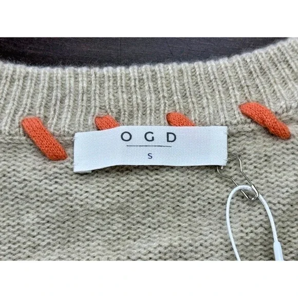 One Grey Day Cashmere V Neck Oatmeal Orange Stitch Sweater Size Small NWT $378 - Picture 4 of 8